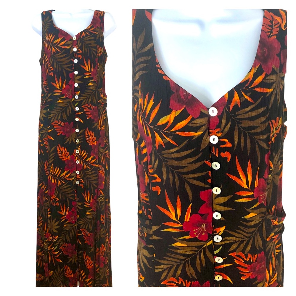 Vintage 90s Tropical Button front sleeveless Maxi Dress